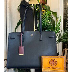 Tory Burch Walker Robinson Black Leather Tote Bag With Burgundy Tag & Gold Hardw